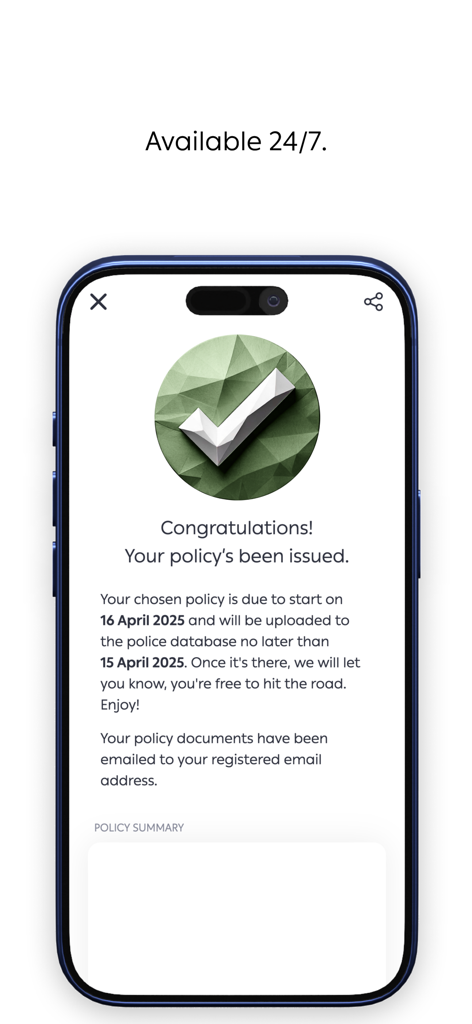 A mobile screen from Shory Insurance confirming that a policy has been successfully issued