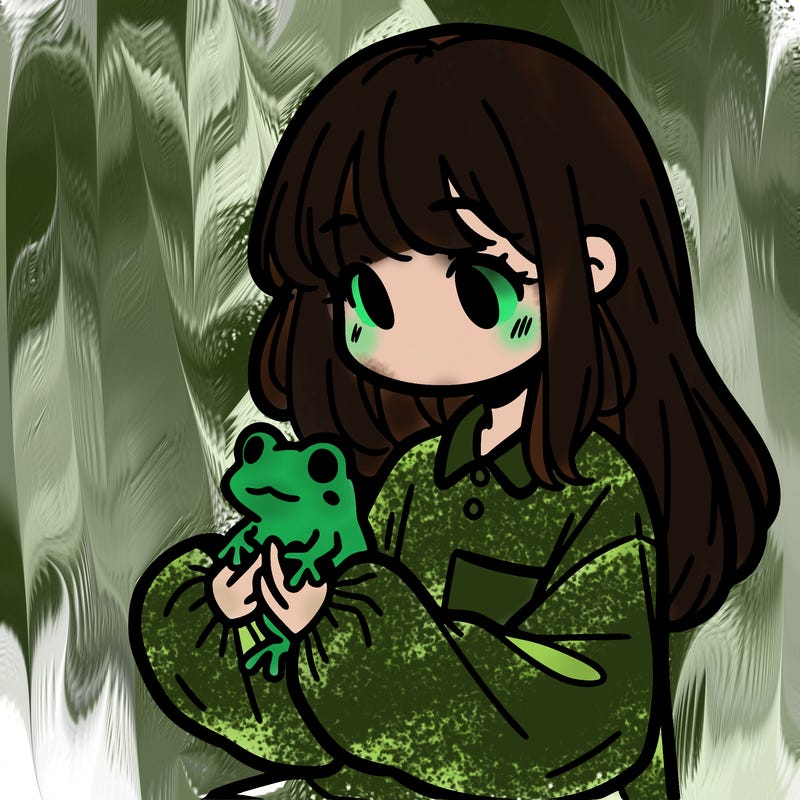 girl with long hair and a oversized shirt. and she is holding a frog