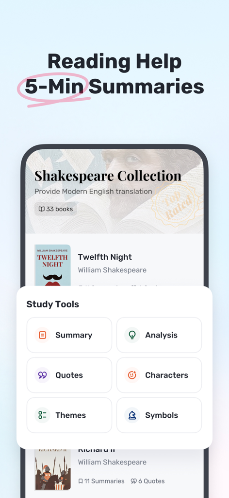 Gauth 앱 인터페이스에 5분 책 요약 및 문학 분석 학습 도구가 표시되는 모습