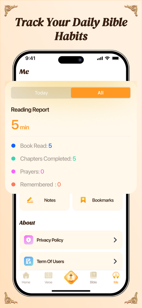 Bible Wallpaper - Una captura de pantalla de la aplicación Biblia Fondos de Pantalla que muestra un informe de lectura personal con estadísticas sobre los minutos leídos y los capítulos completados.