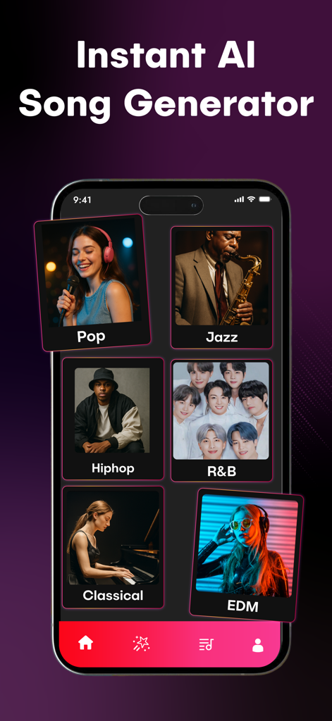 SUR - AI Music Generator - Mobile app interface of SUR showing various music genres like Pop Jazz and Hiphop for instant AI song generation
