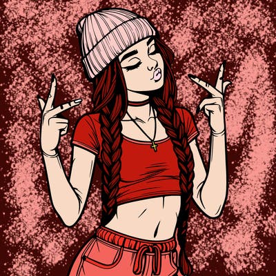 realistic teenage girl with braids and a beanie and crop top doing 🫶🏼