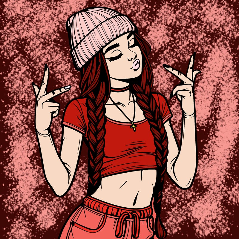 realistic teenage girl with braids and a beanie and crop top doing 🫶🏼