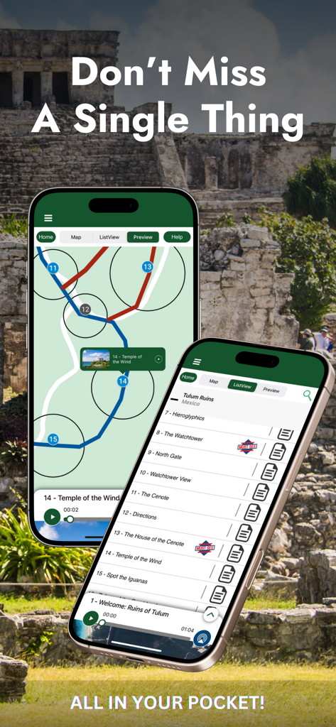 Tulum Ruins Audio Guide app interface showing map and points of interest list