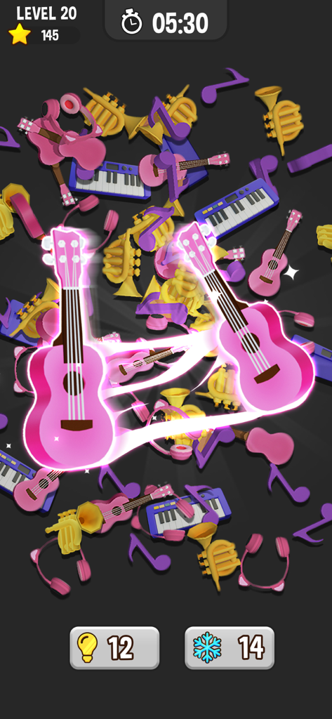 Match Pair 3D - Matching Game - Gameplay of Match Pair 3D showing pink guitars being matched among musical instruments