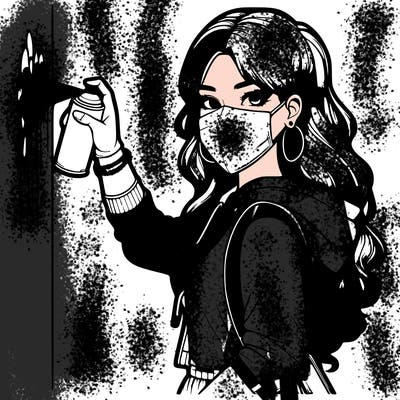 realistic girl with mask spray painting a wall