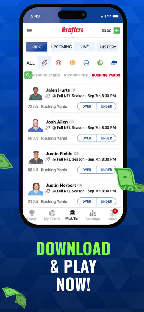 Oberfläche der Drafters Fantasy Sports App, die NFL Pick Em Spieler-Props für Rushing-Yards anzeigt