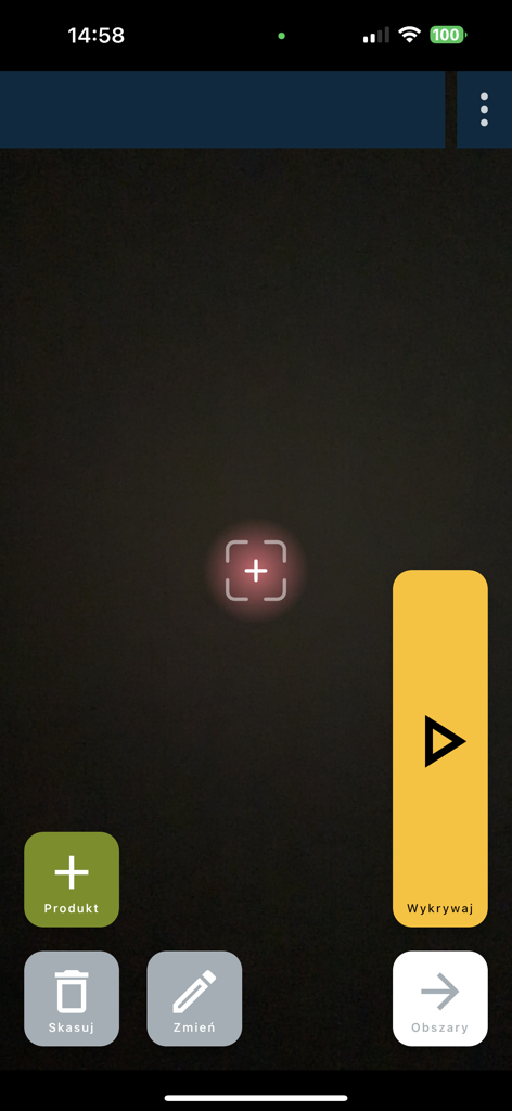 Mobile App-Kameraoberfläche für Retail-Regalscans und KI-Produkterkennung mit verschiedenen Steuerelementen