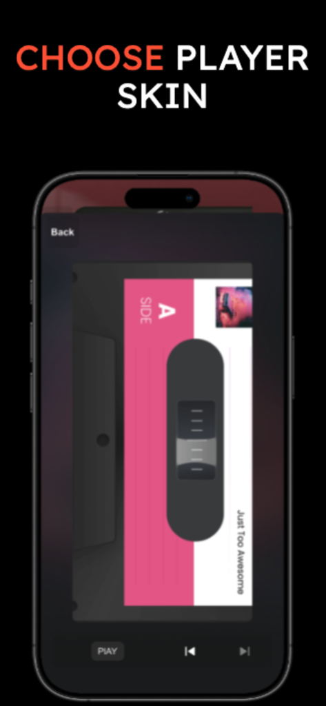 Interface de player de música personalizada com uma skin retrô de toca-fitas rosa no aplicativo MoodMax