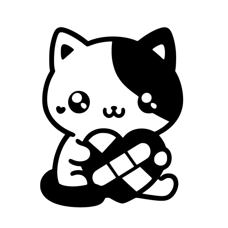 a cat that is black and white, holding a heart that is red with a bandage around it that is pink
