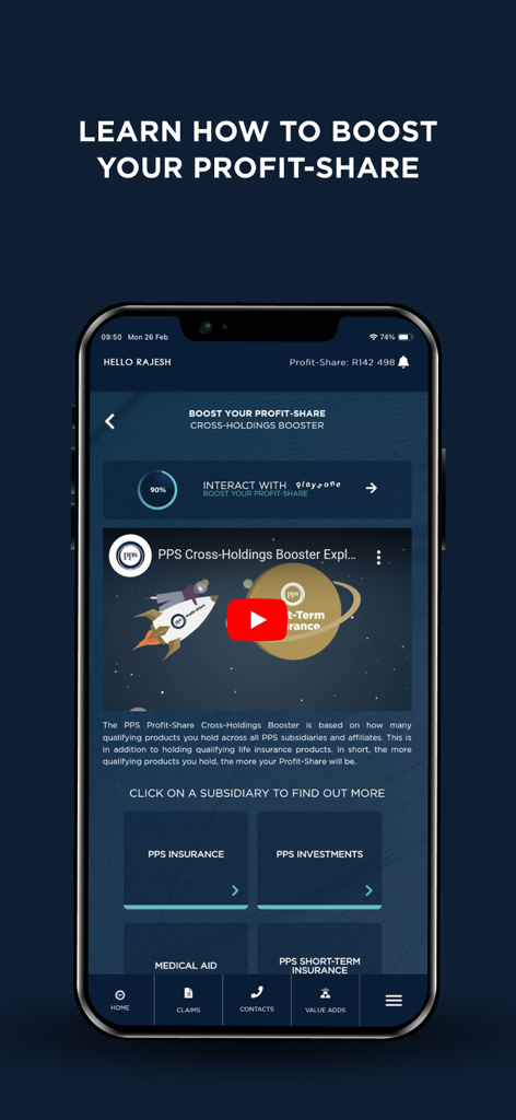 Interfaz de la App Móvil PPS que muestra cómo aumentar la participación en beneficios a través de cruces de seguros e inversiones.