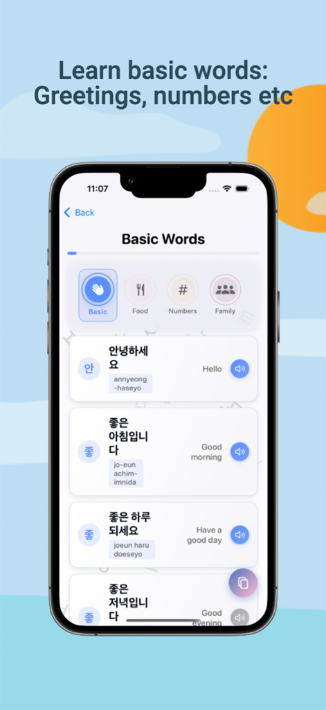 HangeulPop - Tela do aplicativo HangeulPop exibindo saudações básicas em coreano com fonética e botões de reprodução de áudio