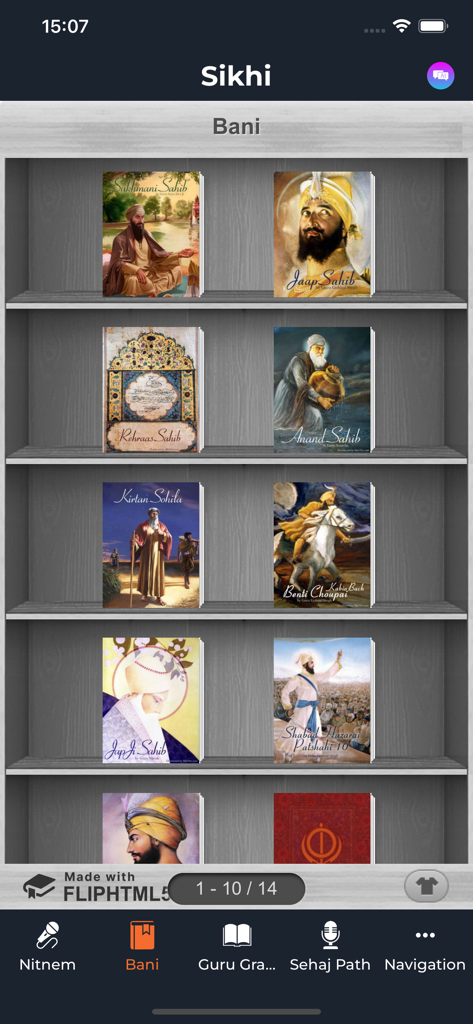 SIKHI - Estante digital mostrando escrituras religiosas Sikh no aplicativo Sikhi