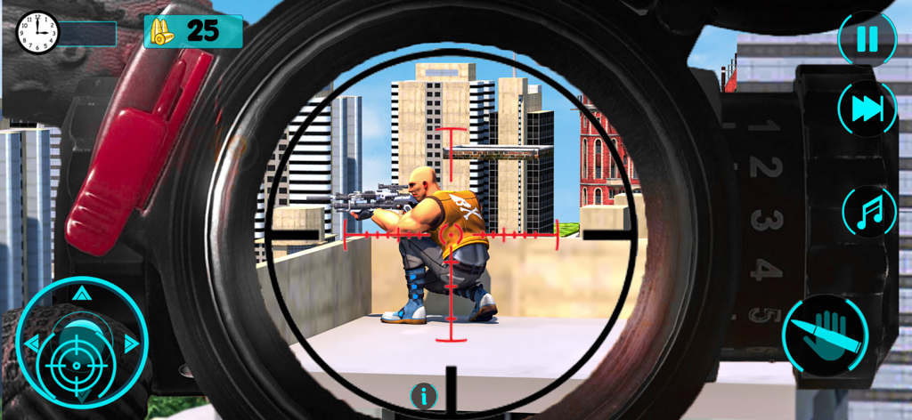 Sniper Shooting Gun Games 3D - Sniper scope view focusing on an enemy shooter on a city rooftop