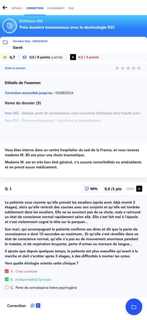 EDN - EDN 앱에서 실신 및 환자 임상 병력에 대한 임상 질문을 보여주는 의학 사례 연구의 수정 인터페이스.