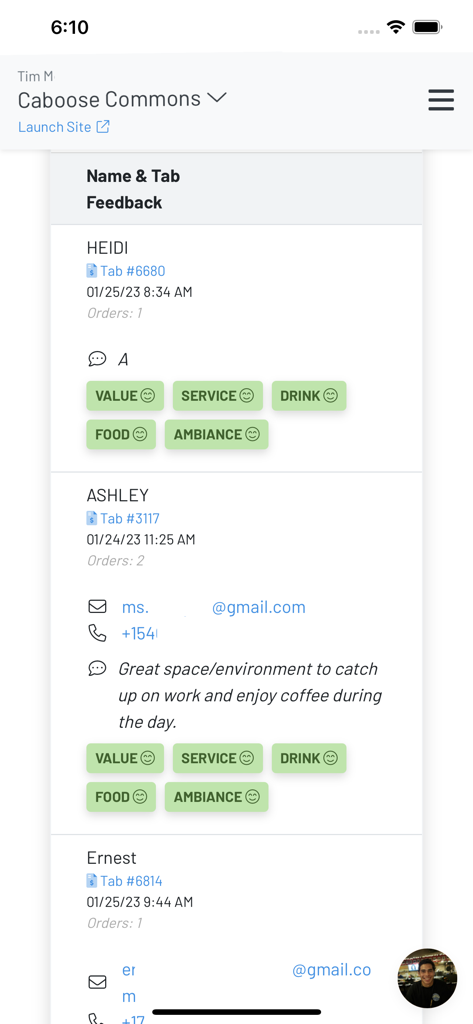 GoTab Manager - GoTab Manager app customer feedback list with ratings for service food and ambiance