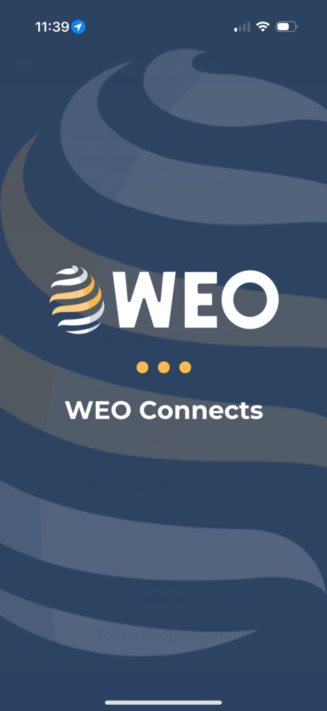 WEO Connects - Tela de introdução do aplicativo WEO Connects mostrando o logo da World Egg Organisation em um fundo azul escuro