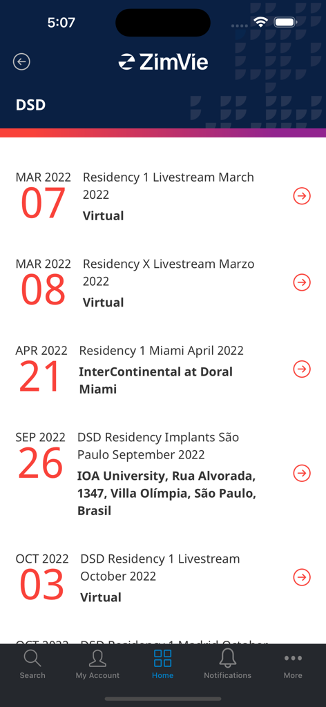 ZimVie Dental Education - A list of virtual and in-person dental residency courses and livestream events in the ZimVie app