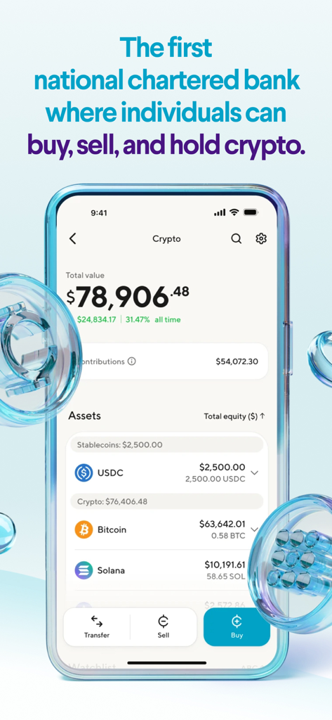 Mobile screenshot of SoFi app displaying a cryptocurrency portfolio with total value and various digital assets