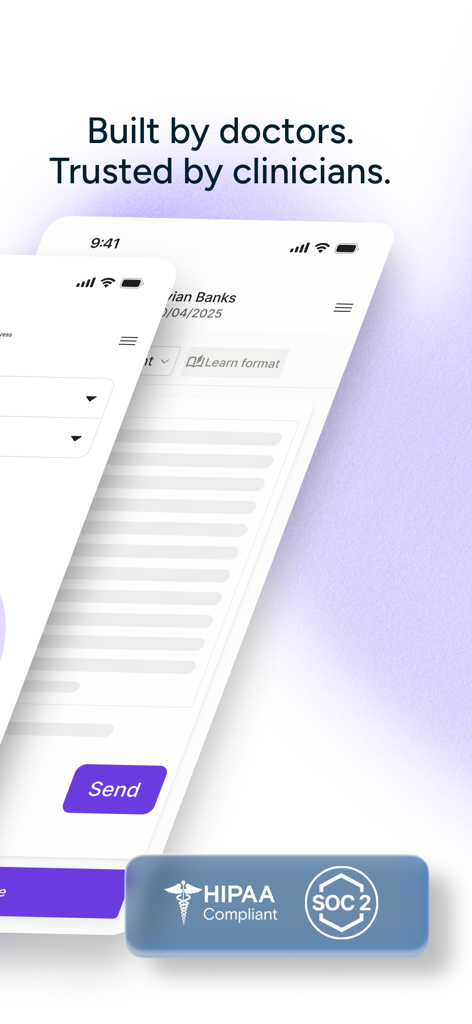 Freed: AI Clinician Assistant - Freed AI app interface for clinicians showcasing HIPAA and SOC2 compliance certifications
