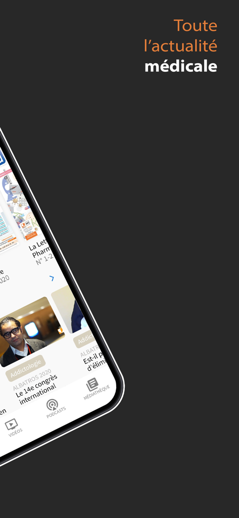 Edimark - Edimark app home screen showing specialized medical news, journals, and podcasts for healthcare professionals