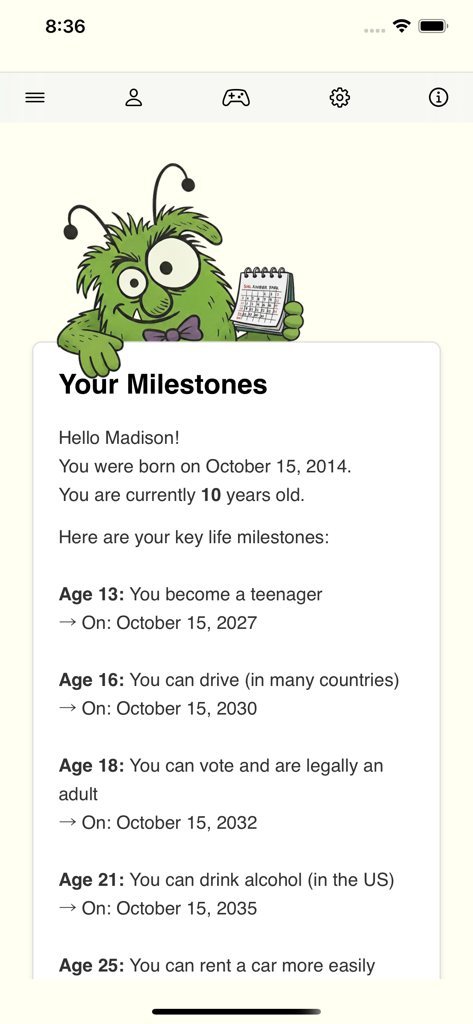 Days until my birthday - Tela do aplicativo mostrando marcos futuros da vida, como idades para dirigir e votar para um usuário
