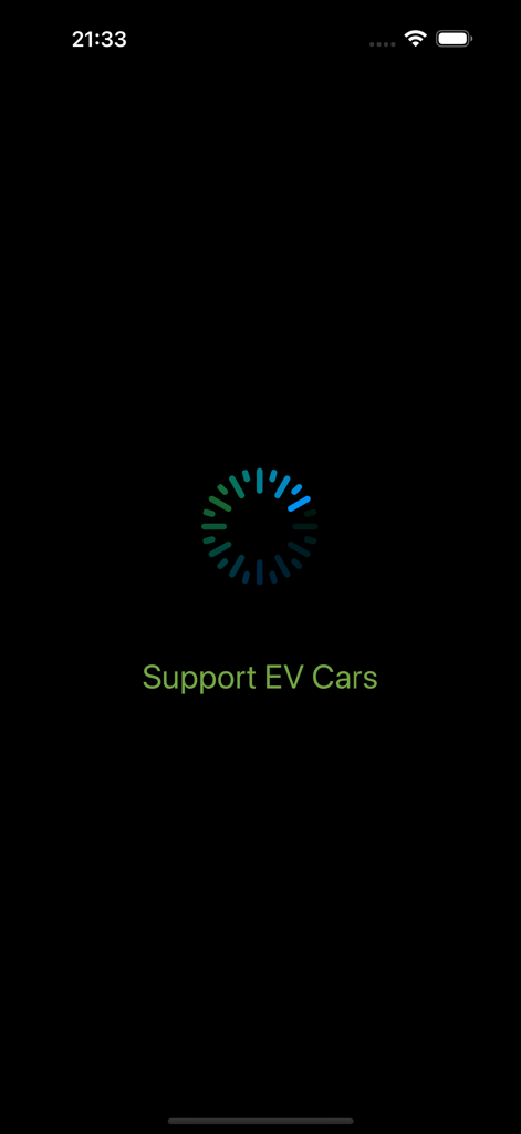 Splash screen of the Support EV Cars mobile application with a loading spinner and green title text