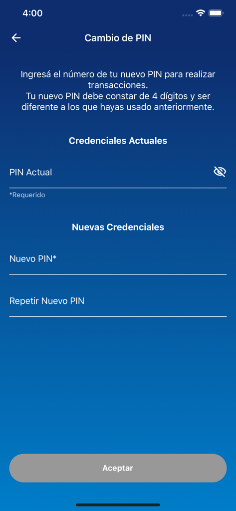 Tuapp Billetera Electronica - Tuapp Billetera Electronica security screen for changing the transaction PIN with current and new PIN input fields