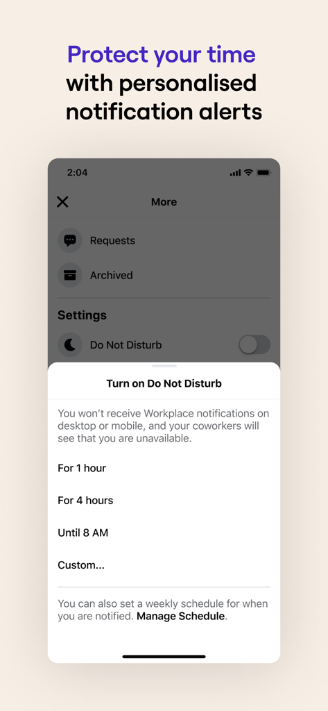 L'interface de l'application Workplace Chat affiche des options permettant de configurer des alertes de notification « Ne pas déranger » pour un meilleur équilibre entre vie professionnelle et vie personnelle.