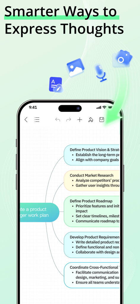 EdrawMind: AI Mind Map, Notes - Smartphone-Bildschirm zeigt EdrawMind-App mit einer detaillierten Projektmanagement-Mindmap