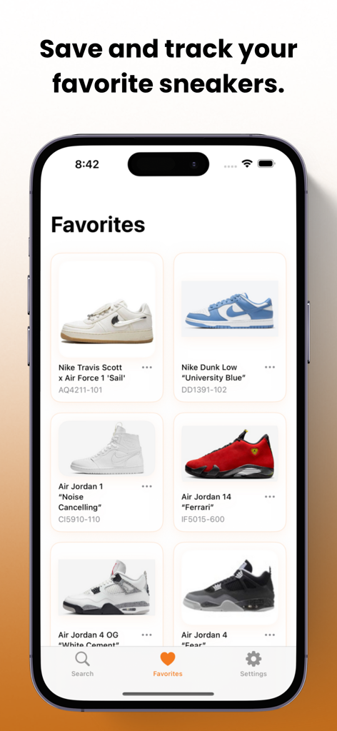 Deal Reaper - 딜 리퍼 앱 즐겨찾기 화면이 추적 및 리셀 분석을 위해 저장된 스니커즈 목록을 표시합니다.