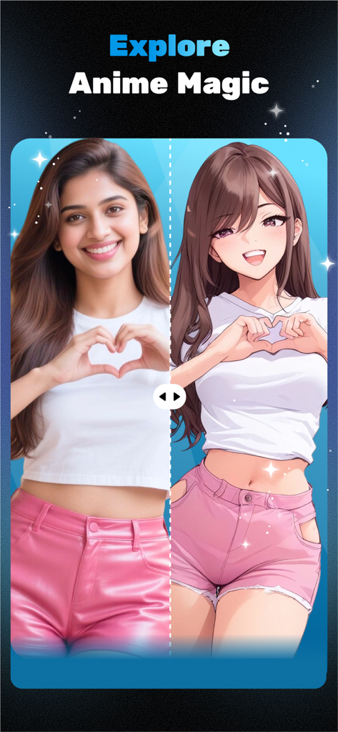 a1.art:Fun AI Photo Generator - a1.art AI 필터를 사용하여 실제 사진을 애니메이션 캐릭터로 변환하는 것을 보여주는 분할 화면