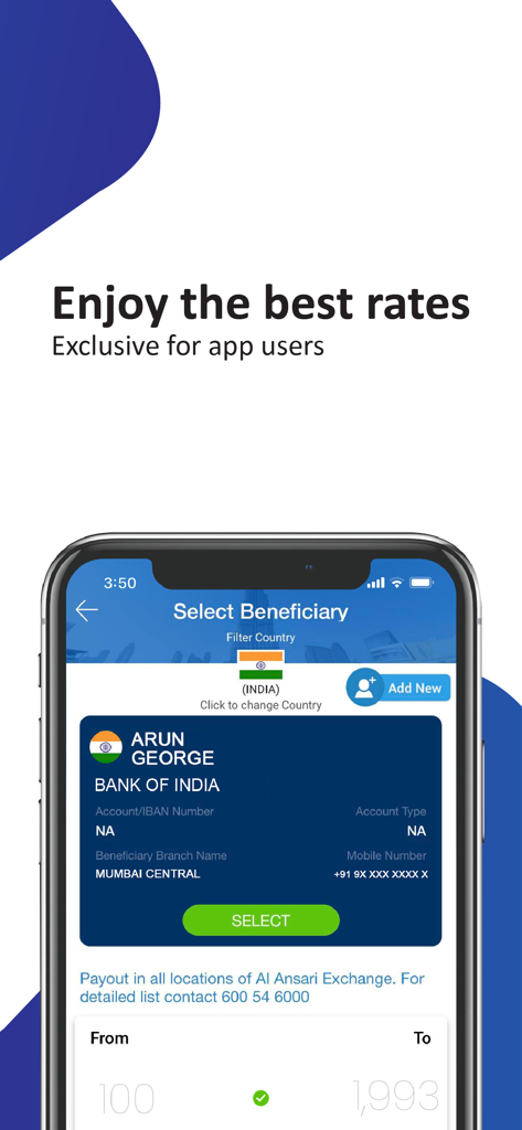 Ein Smartphone, das den Bildschirm zur Auswahl des Begünstigten in der Al Ansari Exchange Geldtransfer-App anzeigt.