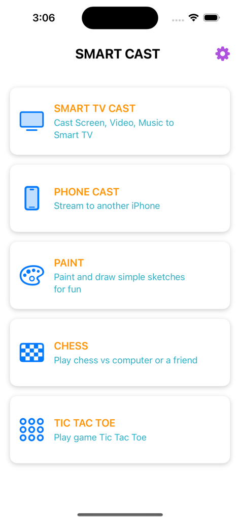 AirScreen Cast - Main interface of AirScreen Cast app showing options for smart tv casting and mini games