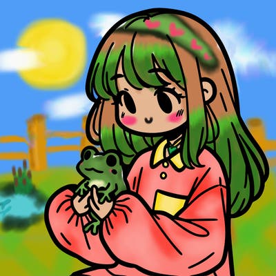 girl with long hair and a oversized shirt. and she is holding a frog