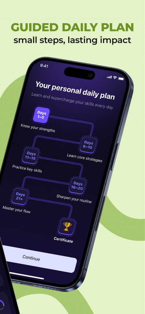Wisey: Your Productive Self - Smartphone screen displaying a personalized daily productivity roadmap in the Wisey app.