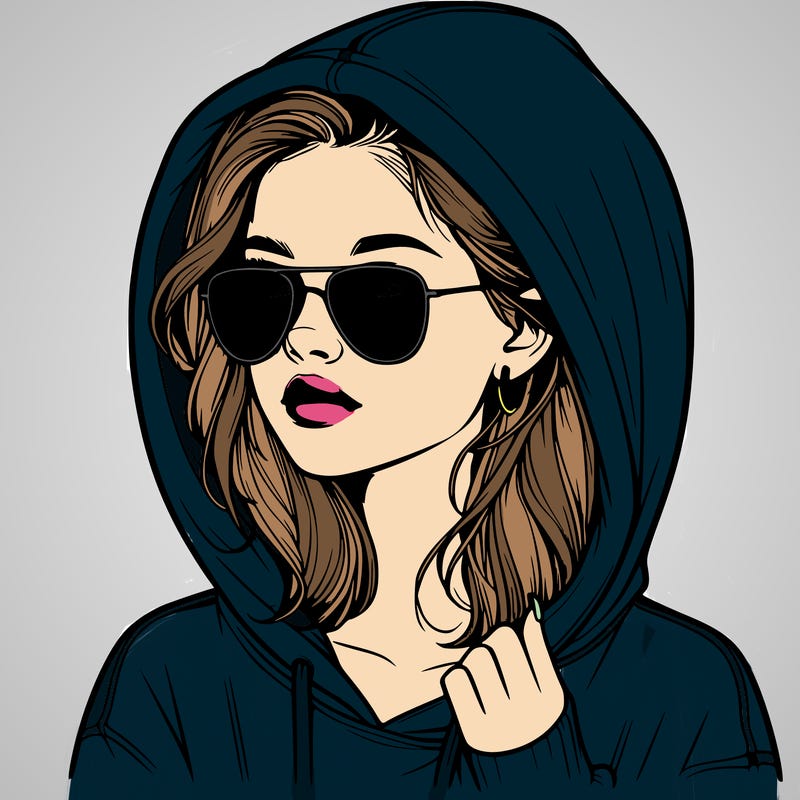 realistic teenage girl, wearing a hoodie and sunglasses