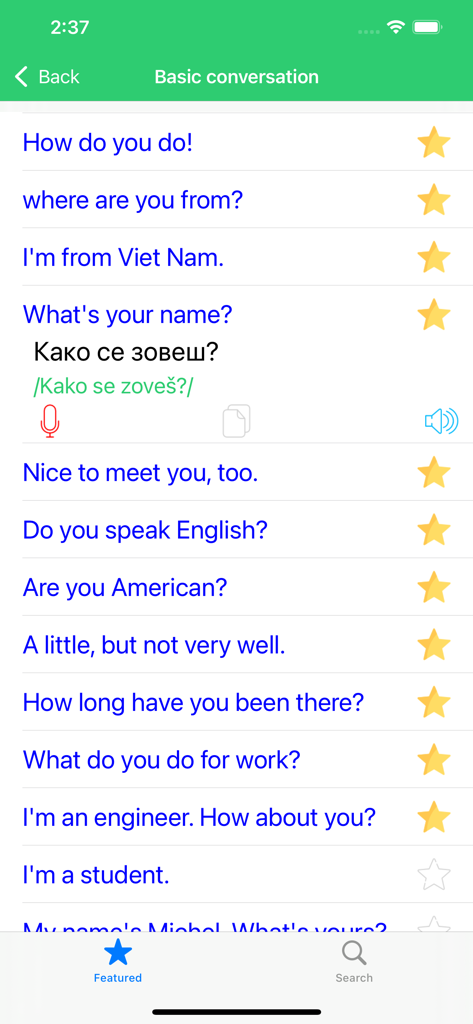 Interface do aplicativo móvel mostrando frases básicas de conversação em sérvio com traduções e guia de pronúncia