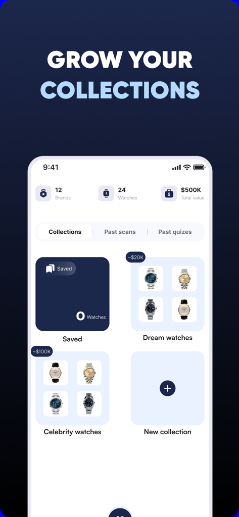 WatchIQ - AI Watch Identifier - WatchIQ app dashboard displaying watch collection statistics and personalized categories like dream watches and portfolio value