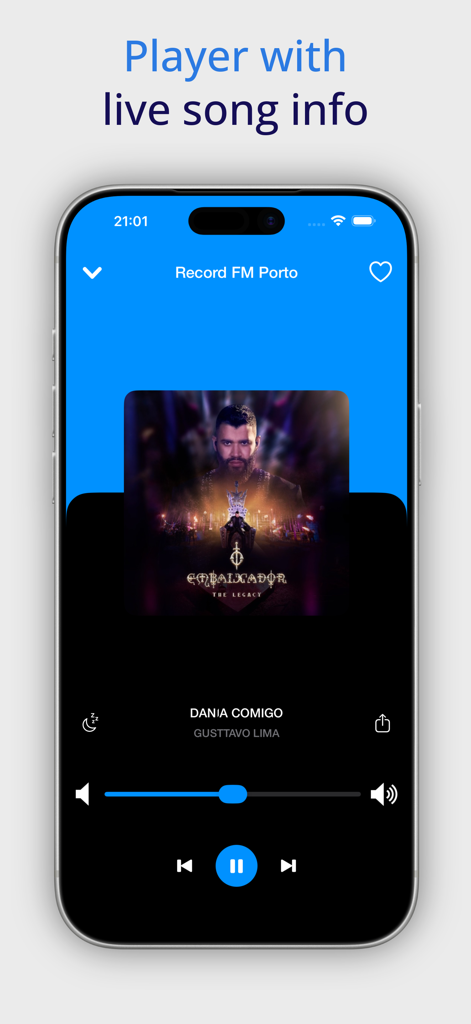 Portuguese Radio Online - Interface of the Portuguese Radio Online app displaying live song information and music playback controls.