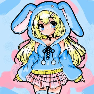 pretty anime girl wearing a fluffy hoodie with bunny ears on the hood and a skirt
