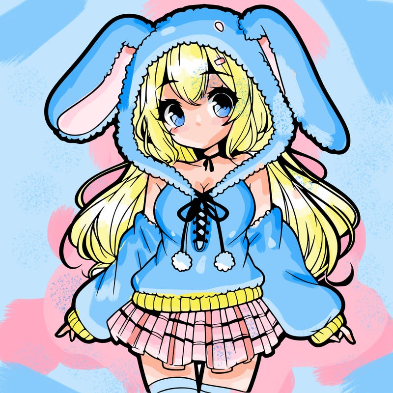 pretty anime girl wearing a fluffy hoodie with bunny ears on the hood and a skirt