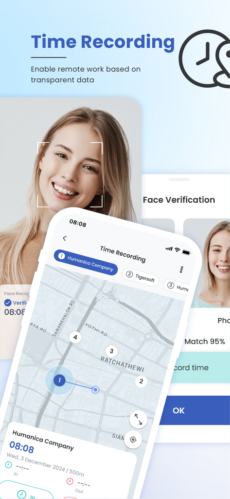 Interfaz de la aplicación móvil Workplplaze para registro de tiempo y verificación facial para trabajadores remotos