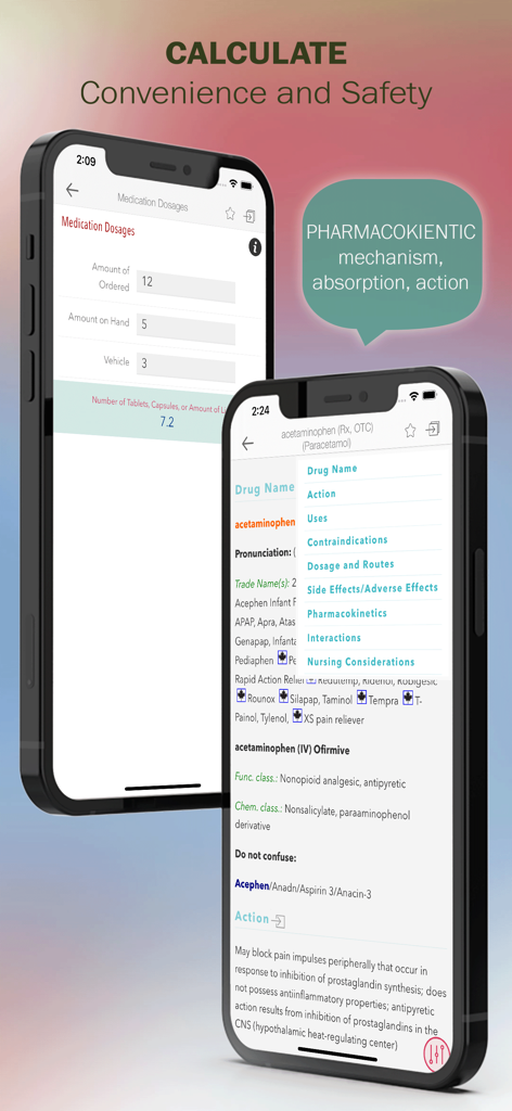 Mosbys Nursing Drug Reference app showing medication dosage calculator and pharmacokinetic details