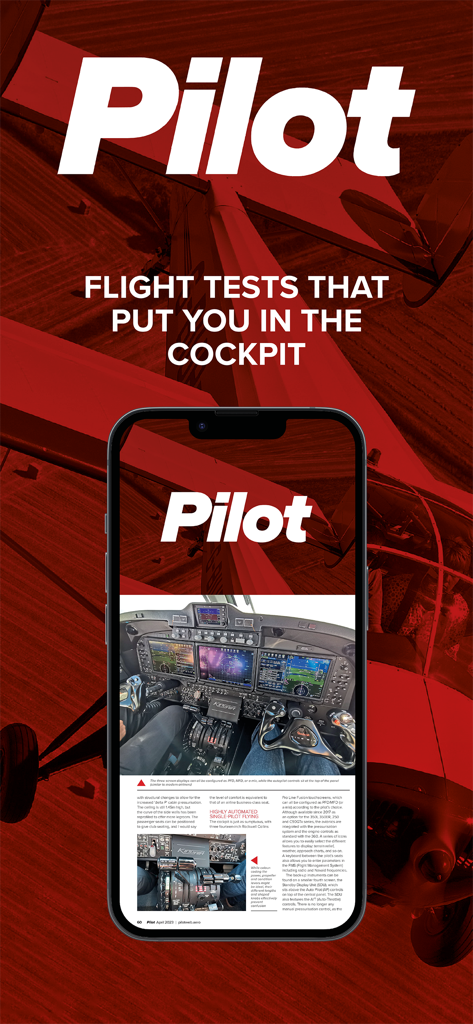 La aplicación Pilot Magazine muestra un artículo detallado de prueba de vuelo de cabina de aeronave en un smartphone.