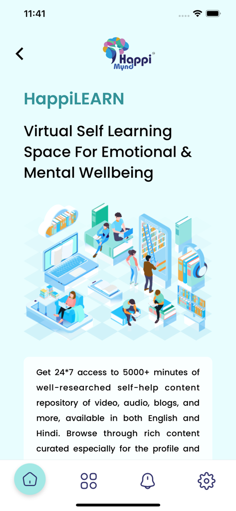 HappiMynd-Emotional Self Help - Función HappiLEARN de la aplicación HappiMynd que muestra un espacio virtual de autoaprendizaje para el bienestar emocional y mental