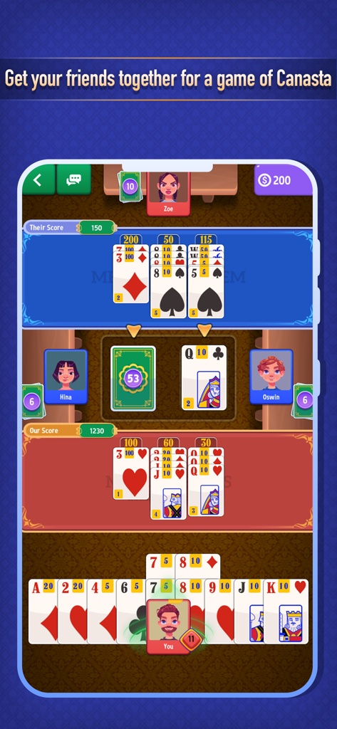 Canasta! - Gameplay screen of Canasta showing a four player online match with cards and scores.