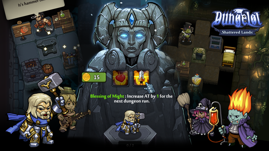 Hero characters standing around a stone statue offering a Blessing of Might in the game Dungelot Shattered Lands