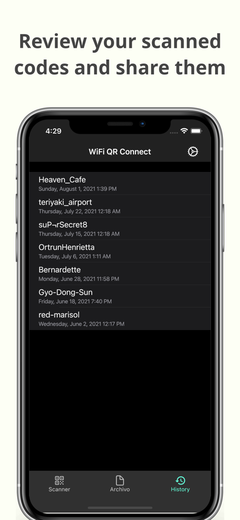 A history list of previously scanned Wi-Fi networks within the WiFi QR Connect mobile app.