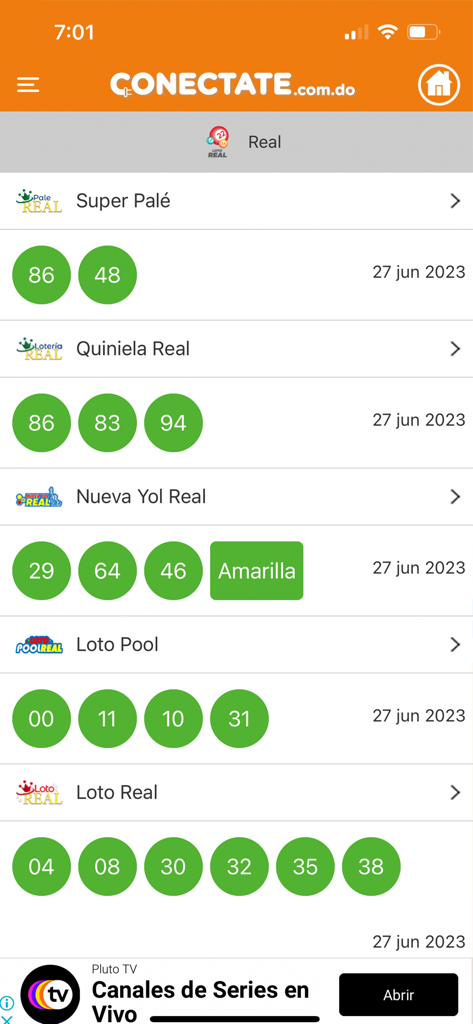 Interface do aplicativo Conectate Loterias mostrando os resultados da Loto Real e Super Pale